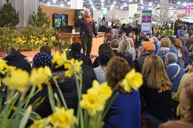 Susan Tantsits of Edge of the Woods Native Plants in Oreland talks about growing native plants on the final day of the 2017 Philadelphia Flower Show at the Convention Center.