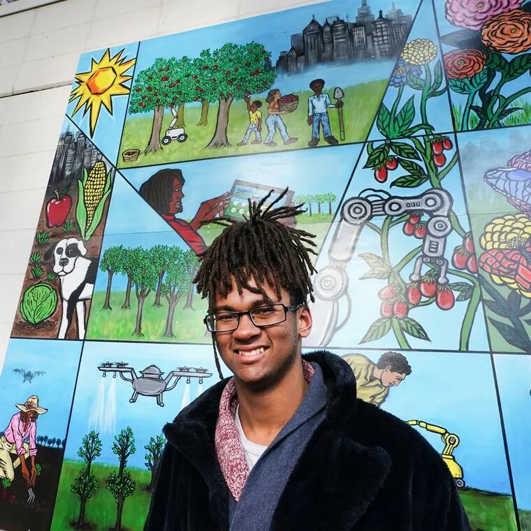 Faysal Adger shown here speaking at the Unveiling of the mural he painted, a mural with the theme of decent work and economic growth, at the School of the Future, in Philadelphia, Tuesday, November 28, 2023.
