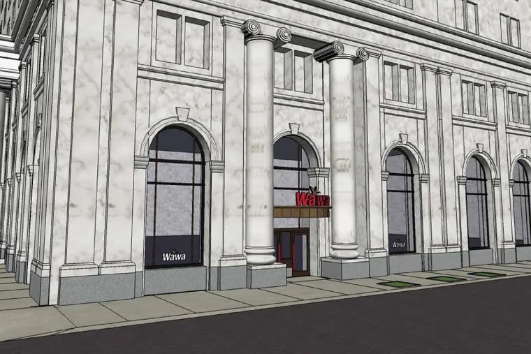 Artist's rendering of Public Ledger building at corner of Sixth and Chestnut Streets with signs for planned Wawa store at the site.