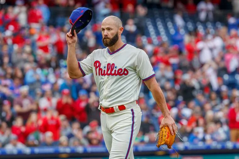 Phillies pitcher Jake Arrieta tips his cap as he walks off the mound in the ninth inning of Wednesday's 3-2 victory over the Mets at CItizens Bank Park.