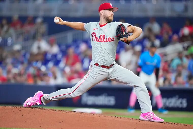Zack Wheeler #45 of the Philadelphia Phillies throws a pitch against the Miami Marlins during the first inning at loanDepot park on May 12, 2024 in Miami, Florida. (Photo by Rich Storry/Getty Images)