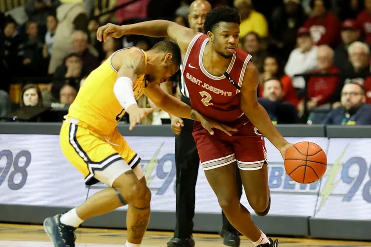 Saint Joseph's forward Myles Douglas led the Hawks with 10 points in their 73-55 loss at Rhode Island on Feb. 15, 2020.