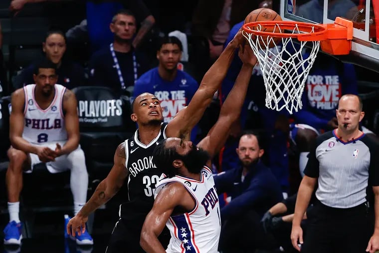 Sixers guard James Harden gets his layup attempt blocked by Nets center Nic Claxton in the second quarter of Game 4. He missed eight of his nine shot around the rim in the game.