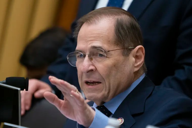 In this Feb. 8, 2019, photo, House Judiciary Committee Chairman Jerrold Nadler, D-N.Y., gestures during questioning of acting Attorney General Matthew Whitaker on Capitol Hill in Washington. A key House committee has approved a bill to require background checks for all sales and transfers of firearms, a first by majority Democrats to tighten gun laws after eight years of Republican rule.