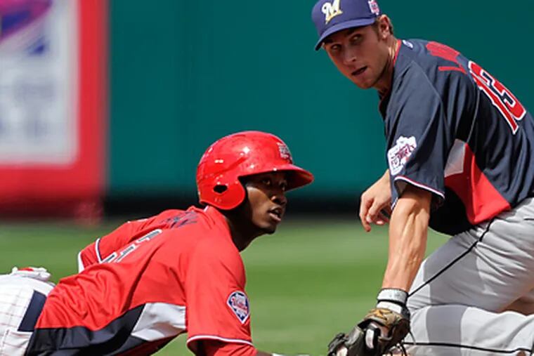 Phillies top prospect Dominic Brown, left, was removed from the Futures Game due to a tight hamstring. (AP Photo/Mark J. Terrill)