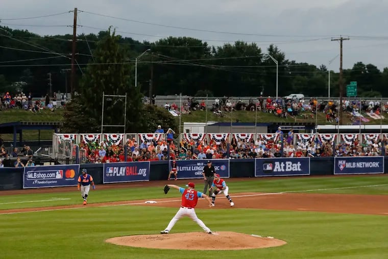 Phillies pitcher Nick Pivetta pitching in the 2018 Little League Classic against the Mets at Bowman Field, the home of the Williamsport Crosscutters.