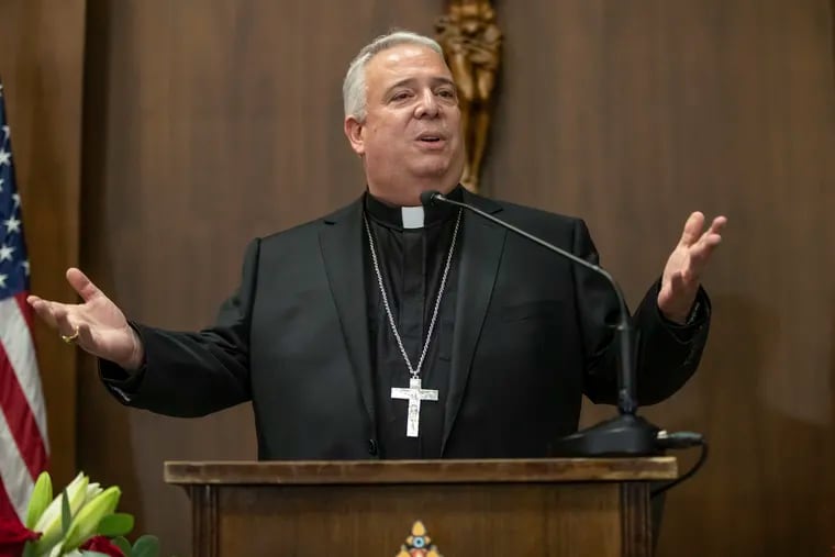 Nelson J. Pérez addresses those assembled at the Archdiocese's offices after his introduction as Philadelphia's next archbishop on Thursday.