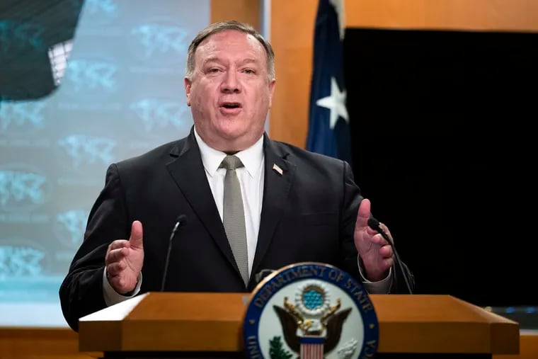 Secretary of State Mike Pompeo, speaks during a news conference at the State Department.