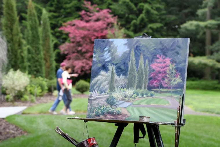 A painting in process from Dana McGahey,, is shown at the Stoneleigh Mansion in the natural lands garden located at 1829 County Line road, Philadelphia.Wednesday, May 30, 2018. The Lower Merion School District is proposing to built a school and perhaps ending the public visitation to the public.