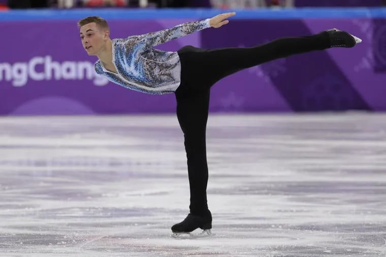 Adam Rippon of the United States performs in the men’s single skating free skating in the Gangneung Ice Arena at the 2018 Winter Olympics in Gangneung, South Korea, Monday.