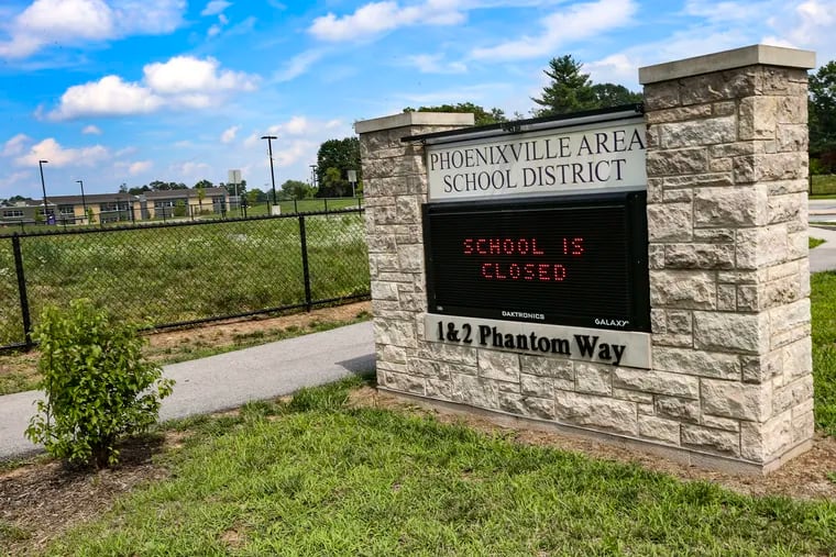 Manavon Elementary School on Pothouse Road in Phoenixville with a "School Closed' sign in July 2020.