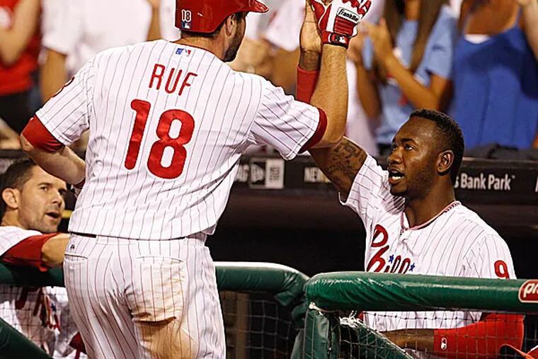 Phillies right fielder Darin Ruf celebrates his home run with left fielder Domonic Brown. (Ron Cortes/Staff Photographer)