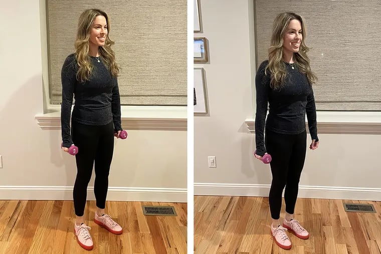 Ashley Greenblatt demonstrates the farmer's walk (left) and the suitcase carry.