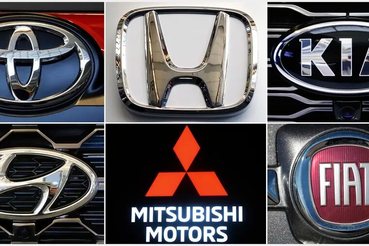 This undated combination of photos shows clockwise from top left the logos for Toyota, Honda, Kia, Fiat Chrysler, Mitsubishi and Hyundai. U.S. auto safety regulators have expanded an investigation into malfunctioning air bag controls to include 12.3 million vehicles because the bags may not inflate in a crash. Vehicles made by Toyota, Honda, Kia, Hyundai, Mitsubishi and Fiat Chrysler from the 2010 through 2019 model years are included in the probe, which was revealed Tuesday, April 23, 2019, in documents posted by the National Highway Traffic Safety Administration. (AP Photos)