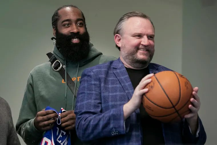 Daryl Morey (right) with James Harden after a press conference formally introducing Harden on Feb. 15.