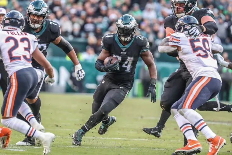 Eagles running back Jordan Howard finds a hole to run through on the final Eagles drive of the day to ensure the 22-14 victory over the Chicago Bears last month.