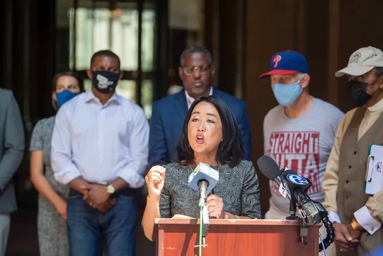 City Councilmember Helen Gym speaks during a news conference Monday calling on the Municipal Courts to halt all lockouts during the CDC moratorium, which runs through Oct. 3.