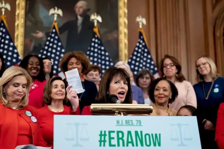 Rep. Jackie Speier (D., Calif.), joined from left by Rep. Carolyn Maloney (D., N.Y.) and Speaker of the House Nancy Pelosi (D., Calif.), alongside other congressional Democrats at the Capitol, held up a copy of the Constitution during an event about their resolution to remove the deadline for ratifying the Equal Rights Amendment on Feb. 12, 2020. The Trump administration has declared the ERA dead.