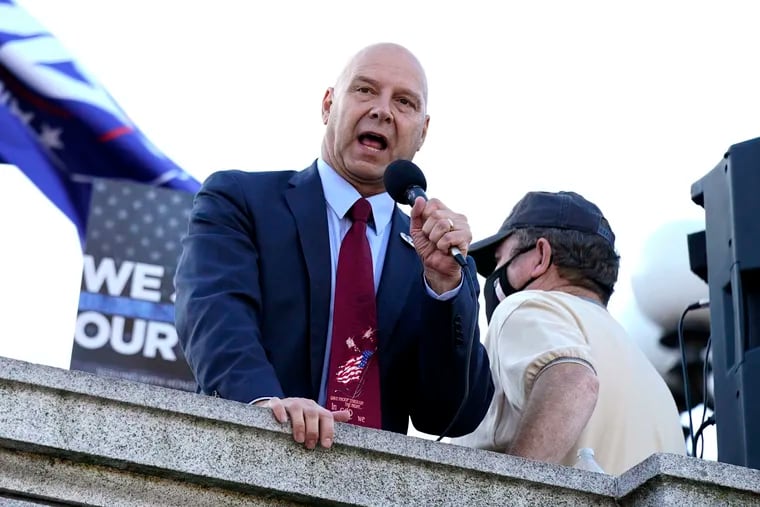 State Sen. Doug Mastriano speaks to supporters of former President Donald Trump outside the Pennsylvania State Capitol in Harrisburg after Joe Biden won the 2020 election.