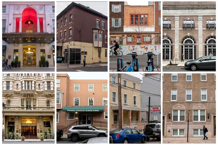 There are many sites listed in the Green Book that are still standing in Philadelphia. Historic preservationist and storyteller Faye Anderson has long conducted a walking tour of the guide used by Black people from the 1930s to 60s to negotiate travel in Jim Crow America. Top row, from left are some of the original buildings or the current site photographed in April, 2022: The Ben Franklin Hotel; Club 421; the Postal Card; and the Royal Theater. Bottom row, from left: The Bellevue-Stratford Hotel; the Attucks Hotel; the Hotel Carlyle; and the Douglass Hotel.