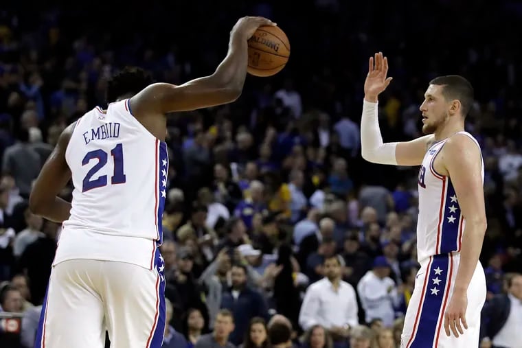 Joel Embiid had 26 points, a game-high 20 rebounds, five assists and four steals in the Philadelphia 76ers' win over the Golden State Warriors at Oracle Arena in Oakland, Calif.