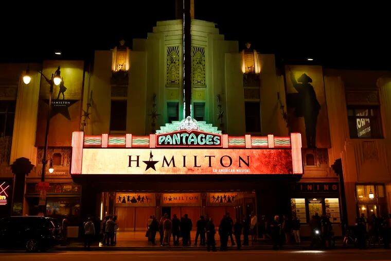 FILE - This Aug. 16, 2017 file photo shows The Pantages Theatre on the opening night of the Los Angeles run of "Hamilton: An American Musical" in Los Angeles. Chaos broke out during a performance of the musical "Hamilton" at San Francisco's Orpheum theater after audience members mistook a medical emergency for a shooting on Friday, Feb. 15, 2019.
