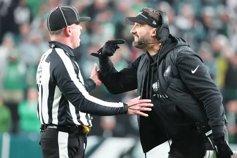 Eagles Head Coach Nick Sirianni yells at a game official against the San Francisco 49ers in the third quarter on Sunday, December 3, 2023 in Philadelphia.