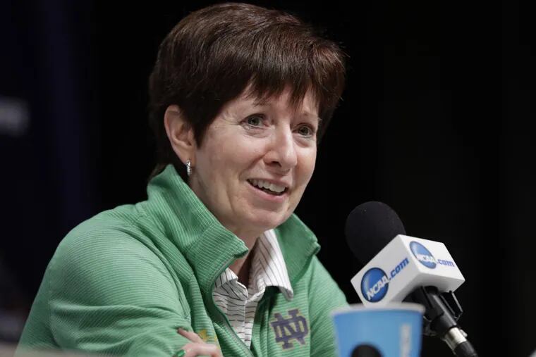 Notre Dame head coach Muffet McGraw talks on Saturday as she prepares to face Mississippi State in the national championship game on Sunday.