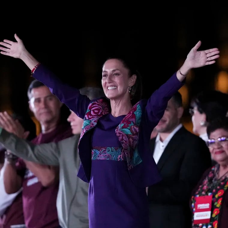 President-elect Claudia Sheinbaum waves to supporters at the Zocalo, Mexico City's main square, after the National Electoral Institute announced she held an irreversible lead in the election on Monday, June 3, 2024.