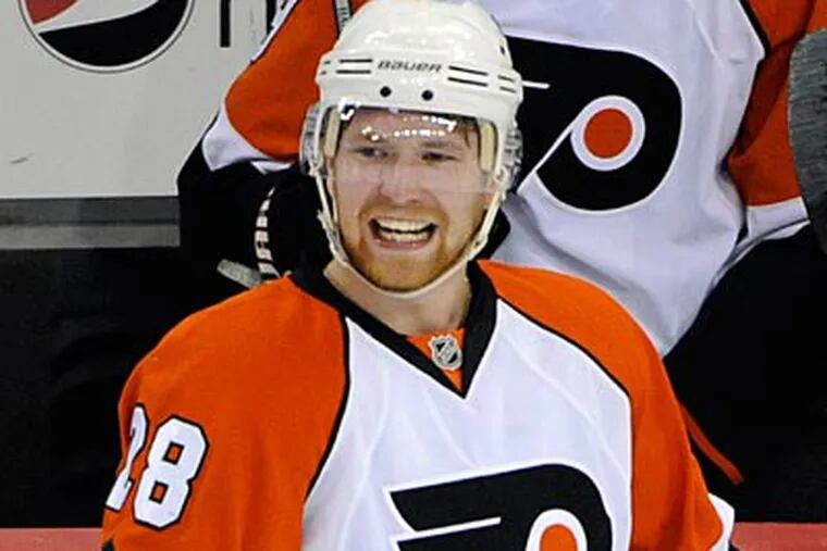 Claude Giroux scored two goals and assisted Danny Briere's goal in last night's Game 5 victory. (AP Photo/Bill Kostroun)