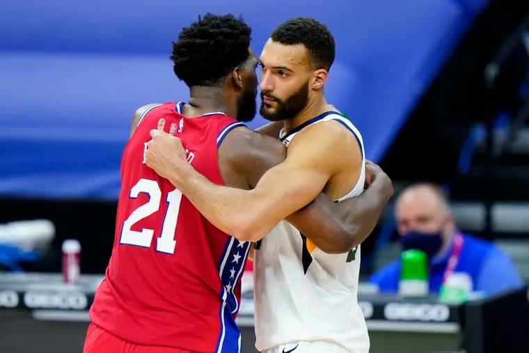 Utah Jazz center Rudy Gobert (right) is the first of two All-NBA centers the Sixers will face in the next two games.