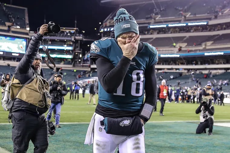 Eagles quarterback Josh McCown left the field at the Linc Lincoln Financial Field visibly upset after the 17-9 loss to the Seahawks.