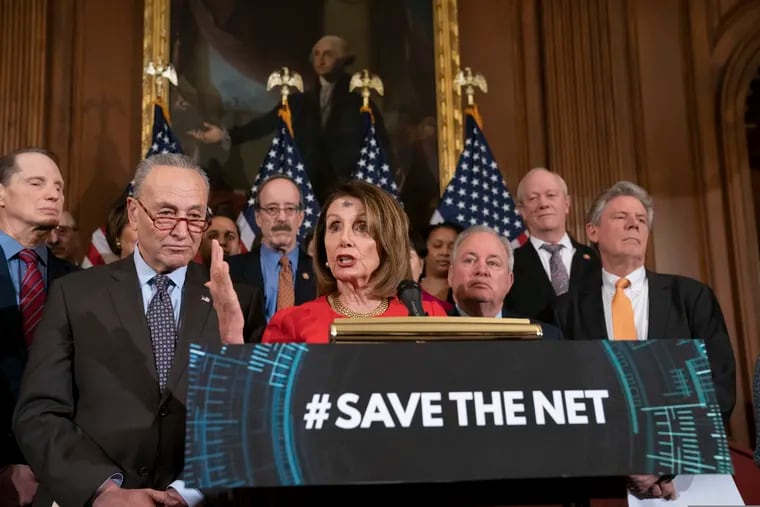 Speaker of the House Nancy Pelosi, D-Calif., joined by Senate Minority Leader Chuck Schumer, D-N.Y., left, announces the "Save The Internet Act," congressional Democrats' plan to reinstate "net neutrality" rules that President Donald Trump repealed in 2017, during an event at the Capitol in Washington, Wednesday, March 6, 2019. The bill is sponsored by Rep. Mike Doyle, D-Pa., right, with House Energy and Commerce Committee Chair Frank Pallone, D-N.J., far right.