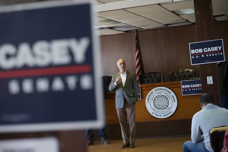 Sen. Bob Casey (D-Pa.) talks during a campaign stop at the Laborers Local 135 in Norristown, Pa., on Tuesday, Oct. 30, 2018. Casey is running for re-election against Republican Lou Barletta. TIM TAI / Staff Photographer
