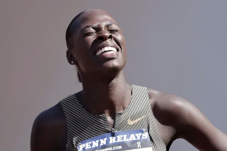 Trenton's Athing Mu celebrates after winning the Penn Relays Olympic Development Women's 600m Elite race.