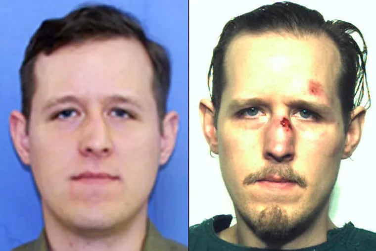 Eric Matthew Frein in the photo from his wanted poster (left) and his police mugshot.