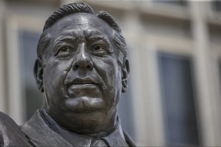 Statue of former Mayor Frank Rizzo on Thomas Paine Plaza at the Municipal Services Building, across from City Hall. Activists want the statue relocated.