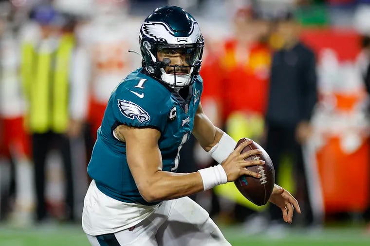 Eagles quarterback Jalen Hurts runs with the football against the Kansas City Chiefs during Super Bowl LVII at State Farm Stadium on Sunday, February 12, 2023 in Glendale, AZ.