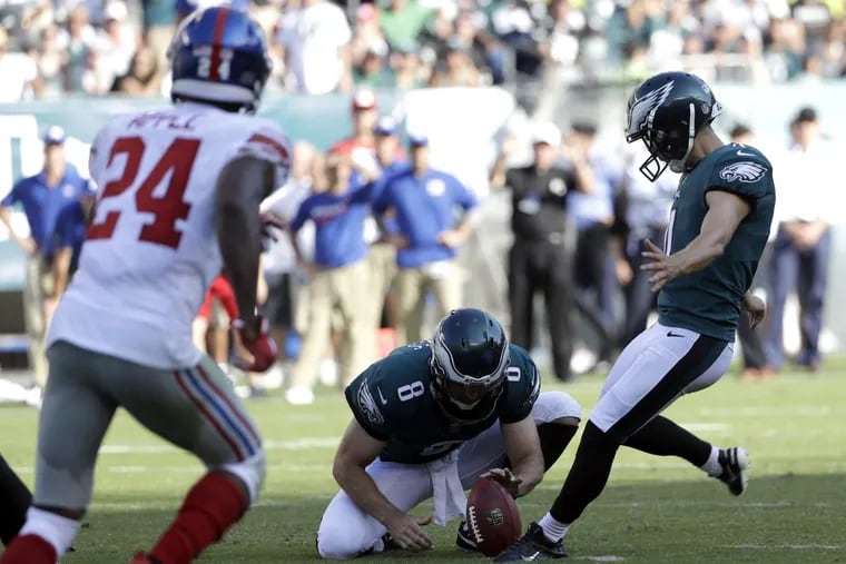 Eagles rookie kicker Jake Elliott kicks the game-winning, 61-yard field goal on Sunday against the Giants.