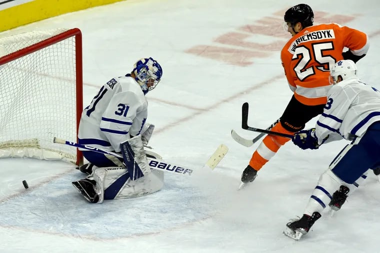 Flyers left winger James van Riemsdyk scores against Toronto's Frederik Andersen in a recent game.