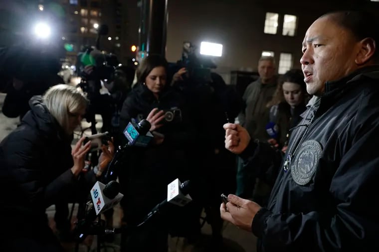 During a press conference outside Philadelphia Police headquarters on Sun., Jan. 28, 2024, Supervising Deputy U.S. Marshal Robert Clark displays a handcuff key that was found on teen fugitive Shane Pryor when he was captured earlier in the evening.