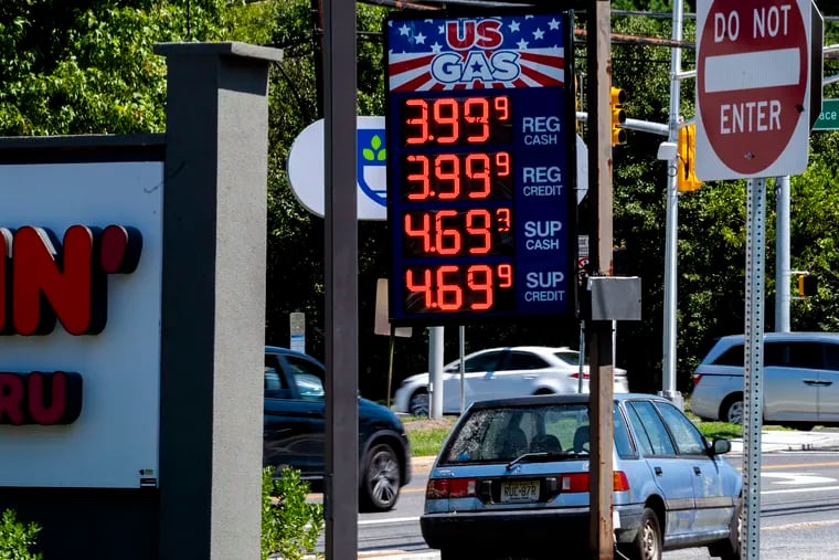 Gas prices dropped below $4 per gallon, on average, for the first time in six months in the five-county Philadelphia area, AAA reported Monday. Prices at the pump have been falling nationally, and were below $4 last month at this station on Brace Road in Cherry Hill, N.J.