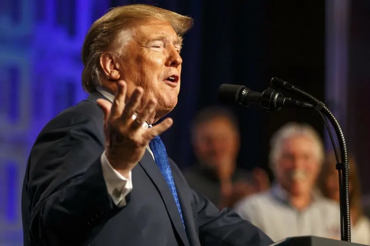 President Donald Trump speaks to the members of the National Electrical Contractors Association on October 2, 2018, at the Pennsylvania Convention Center in Philadelphia.
