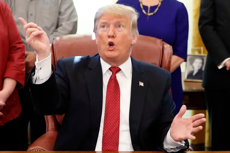 President Donald Trump speaks during a meeting with American manufacturers in the Oval Office of the White House, Thursday, Jan. 31, 2019, in Washington. Trump was signing an executive order pushing those who receive federal funds to "buy American." (AP Photo/Jacquelyn Martin)