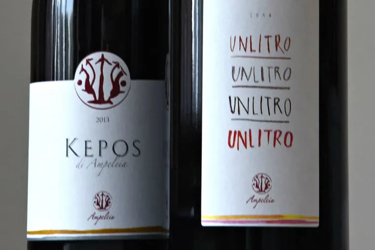 Accessible Tuscan gems : Ampeleia wines (2013 Kepos di Ampeleia, left, $29, and 2014 Unlitro, $14), available at Canal's Mt. Ephraim (210 N. Black Horse Pike, Mount Ephraim) and WineWorks (319 Route 70 West, Marlton).