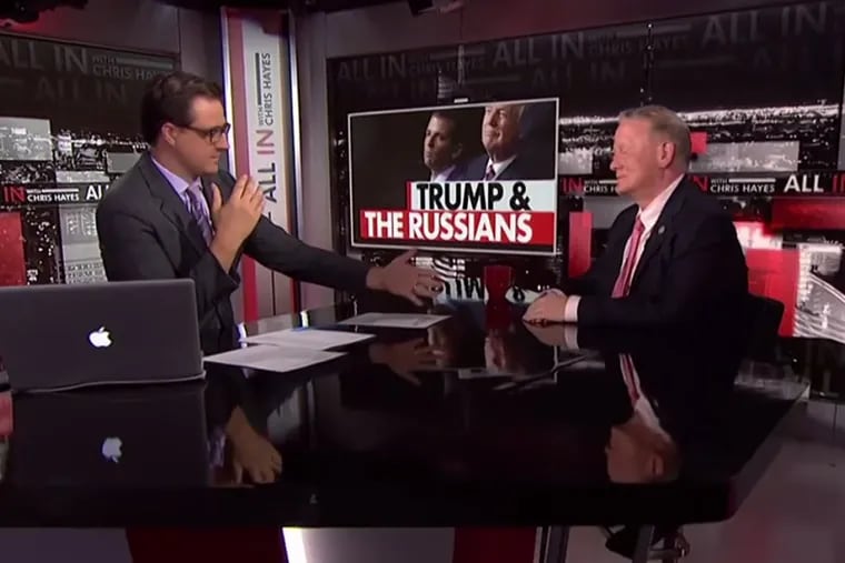 MSNBC host Chris Hayes (left) interviews New Jersey Republican Congressman Leonard Lance on his show Friday night.