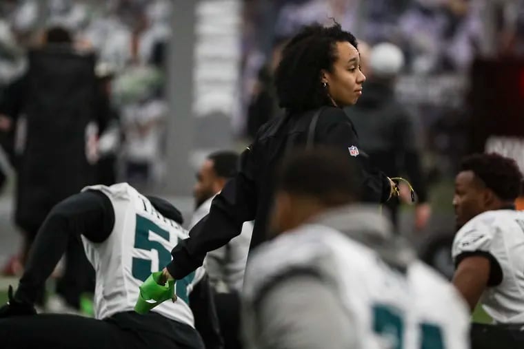 Eagles’ assistant conditioning coach Autumn Lockwood during practice at the NovaCare Complex in Philadelphia on Saturday, Feb. 4, 2023. The Eagles will depart for Super Bowl LVII on Sunday.