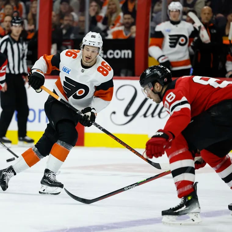 Flyers left wing Joel Farabee passes the puck against the New Jersey Devils on April 13.