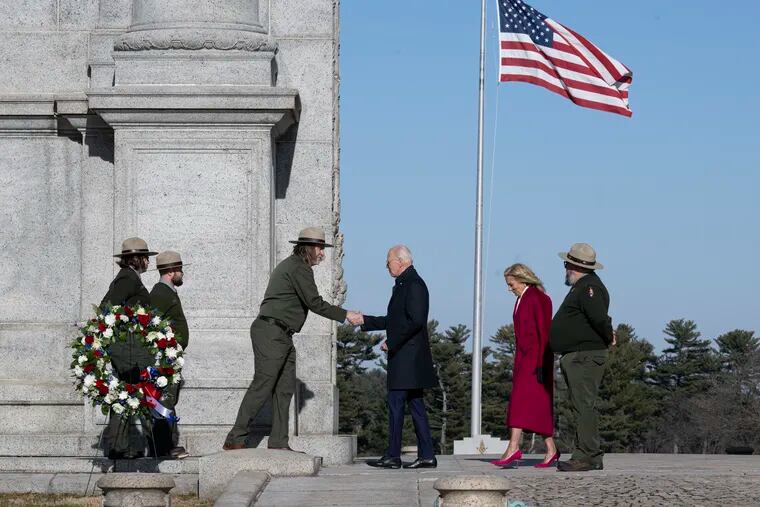 President Joe Biden and first lady Jill Biden participate in a memorial wreath ceremony at the National Memorial Arch at Valley Forge National Historic Park.