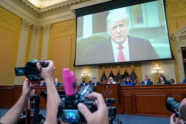 President Donald Trump was seen on the screen as the House select committee investigating the Jan. 6 attack on the U.S. Capitol held a primetime hearing on July 21.